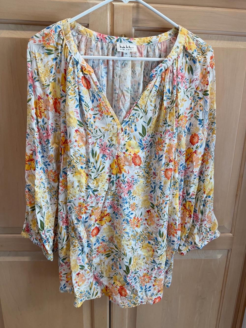 Nicole Miller White & Yellow Floral V-Neck Peasant Blouse 1X